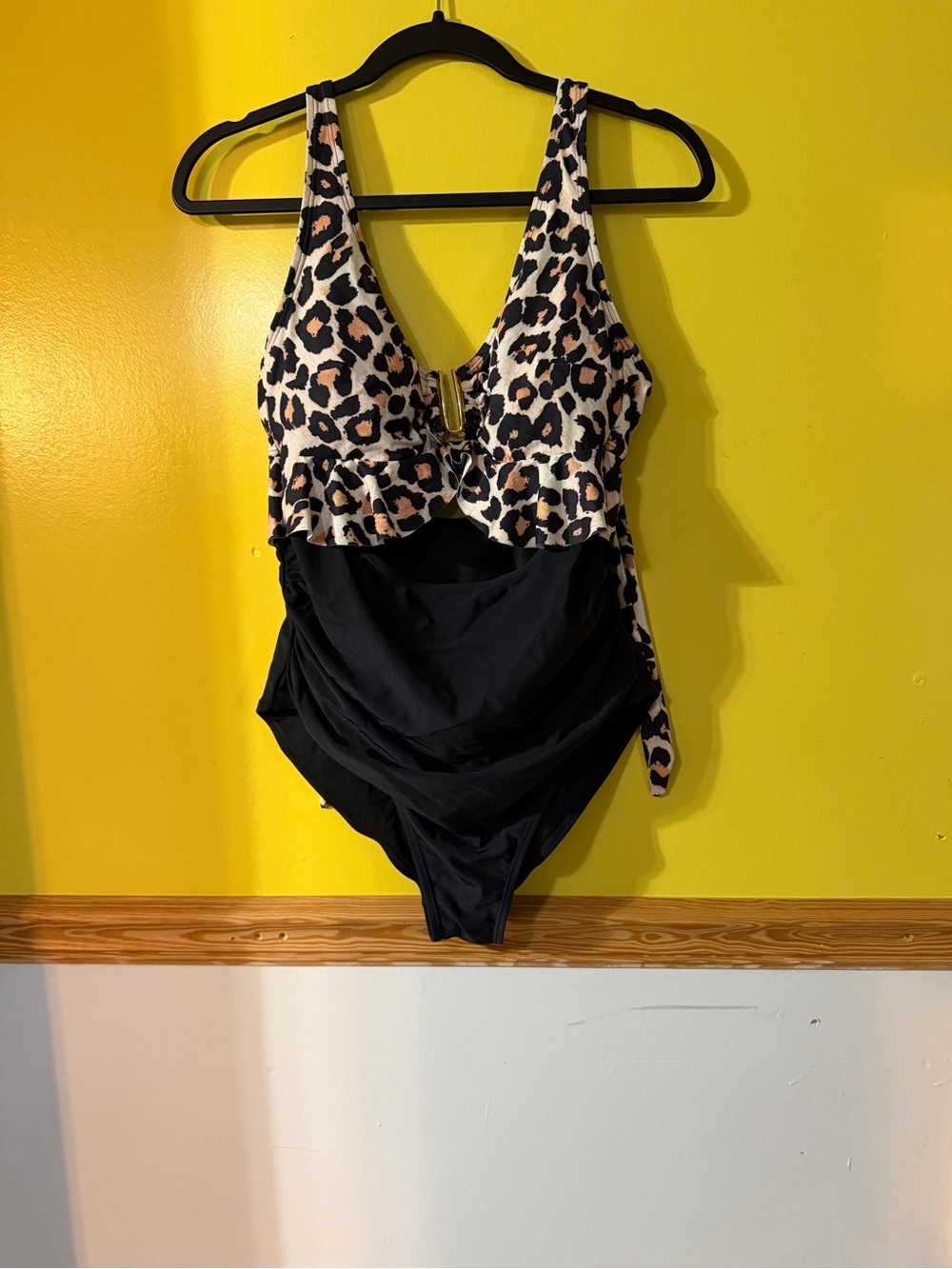 Leopard Print and Black One-Piece Swimsuit with V-Neck